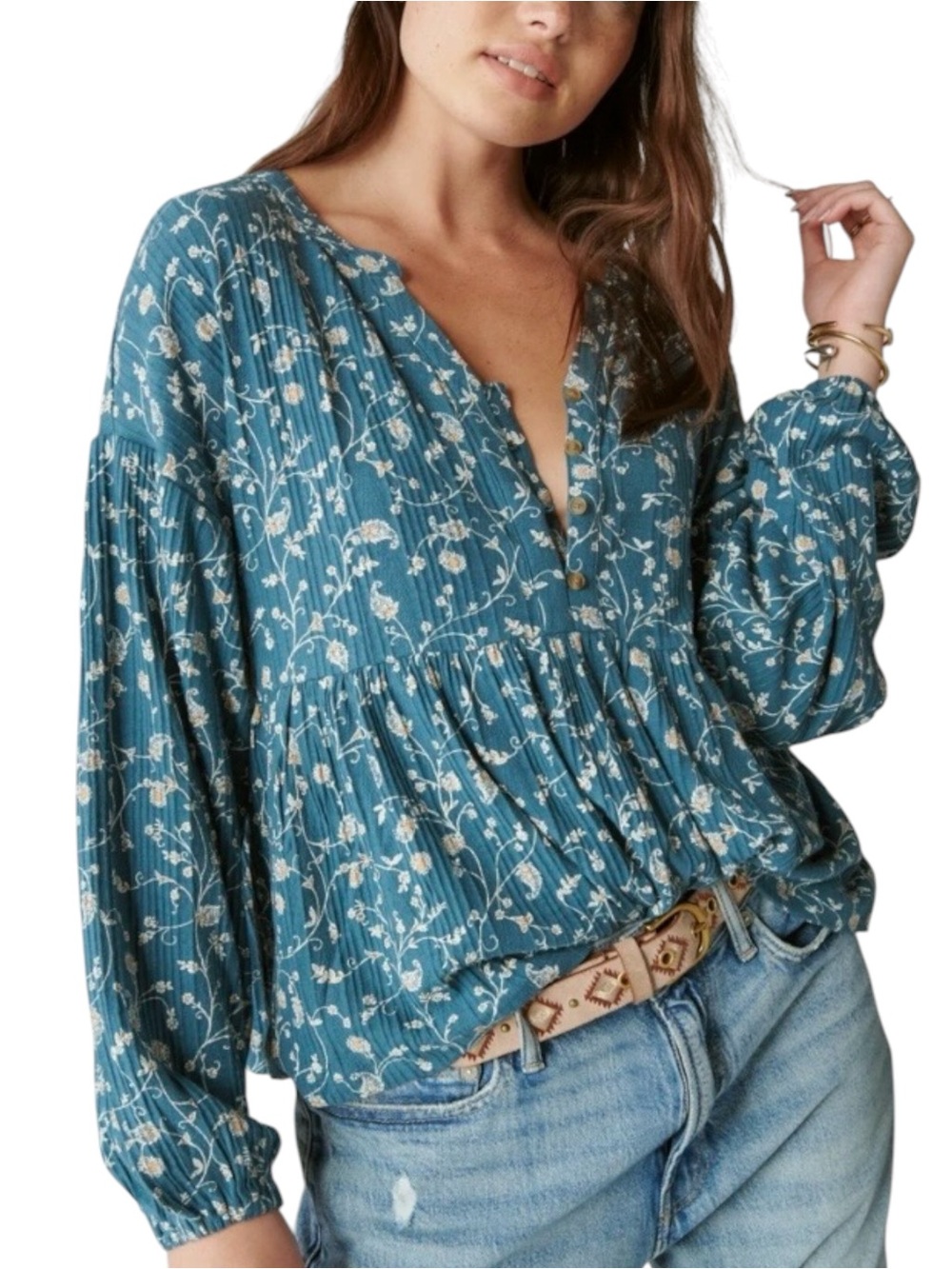 Lucky Brand Blue & Floral Printed Cotton Blend Drop Needle Maya Top - Large